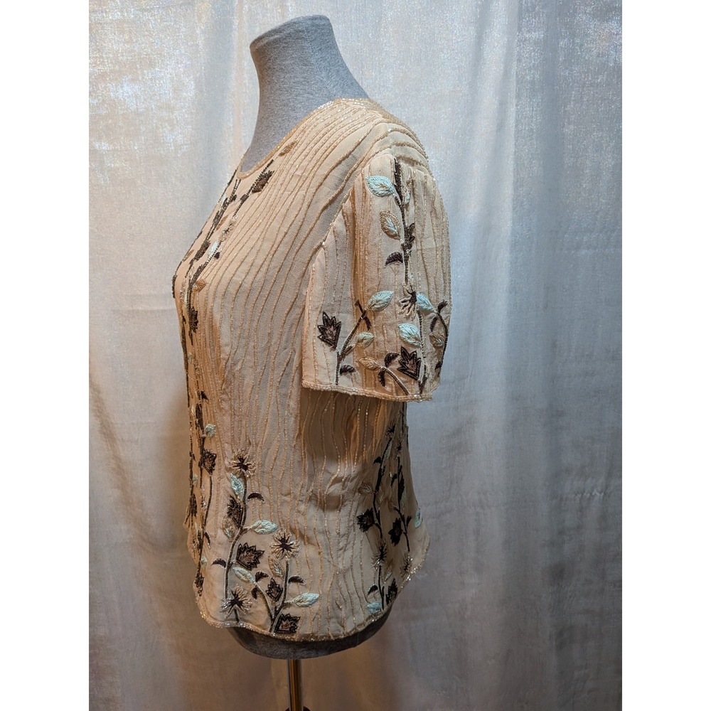Vintage Adrianna Papell Cottagecore Old Money 14 BeigeBrown Beads Silk FloralTop - Picture 6 of 10